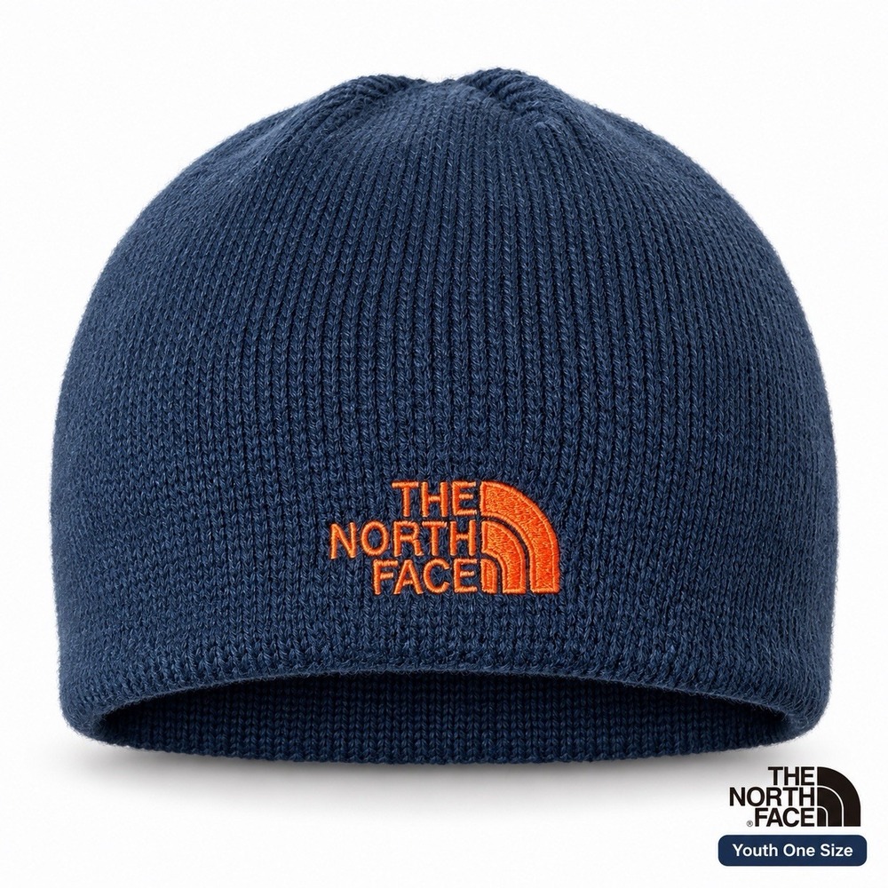 The North Face Youth Bones Recycled Beanie One Size Navy Blue Orange Logo
